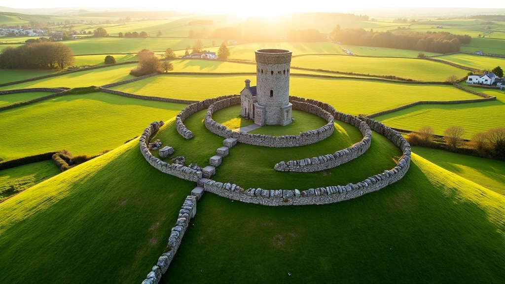 Aerial view of Cashel Rock showing round tower and cathedral ruins surrounded by green fields and stone walls