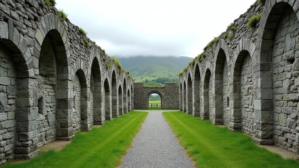 Ancient stone priory ruins with rounded arch windows, weathered grey walls, lush green countryside in background, dramatic cloudy sky