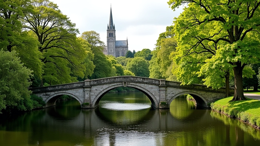 Historic stone bridge crossing gentle river with cathedral spire visible in distance, mature trees, peaceful Irish landscape