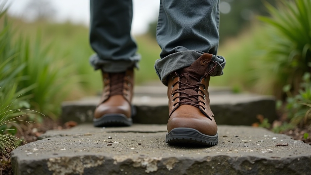 Close-up of quality walking boots on ancient stone pathway, weathered steps leading upward, green countryside visible beyond