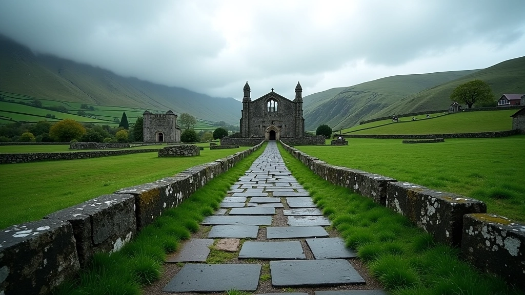 Scenic cathedral town pathway with historic stone architecture and lush Irish countryside landscape