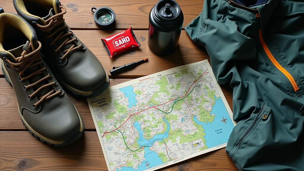 Selection of walking essentials laid out on table: proper hiking boots, water bottle, snacks, map, rain jacket, compass, first aid kit