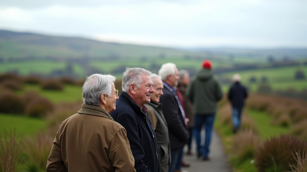 Group of mature travellers standing at historic cathedral ruins