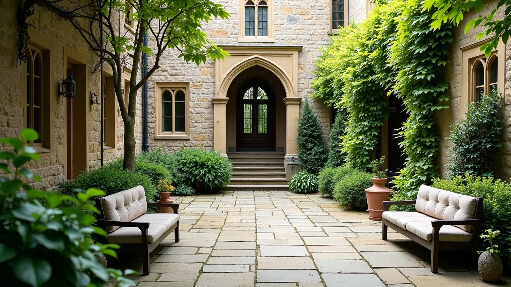 Peaceful garden courtyard with stone benches and historic architecture walls