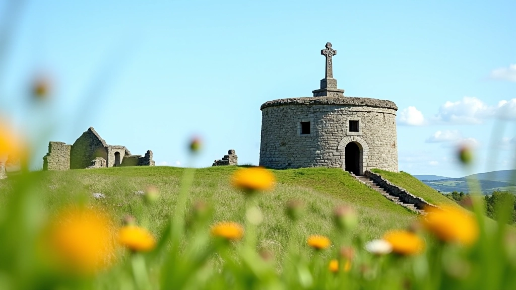 Round medieval tower standing against blue sky, Celtic high cross in foreground with carved patterns, green grass and wildflowers at base
