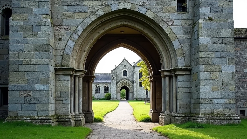 Historic stone archway entrance to cathedral ruins, medieval architecture, weathered grey stone, overgrown vegetation, atmospheric lighting