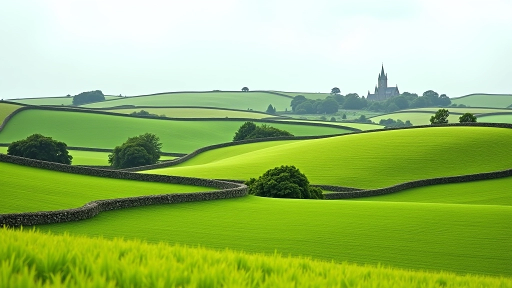 Rolling Irish countryside with ancient stone walls dividing fields, mature trees, distant church spire on horizon, green landscape under clear sky