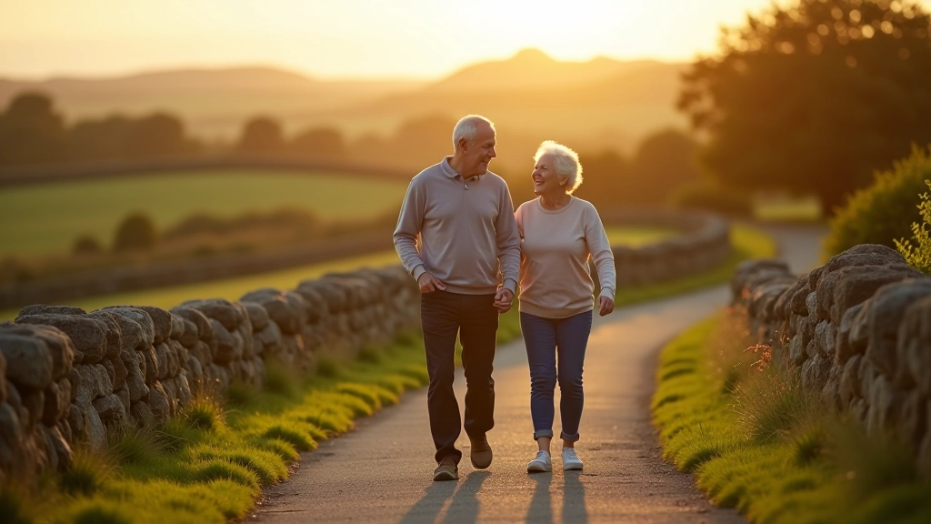 Mature couple walking together on country pathway