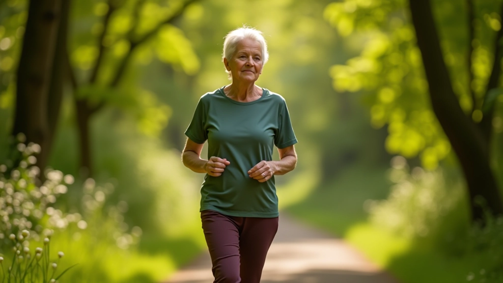 Mature woman walking on scenic woodland trail, comfortable athletic wear, natural sunlight filtering through trees, confident posture