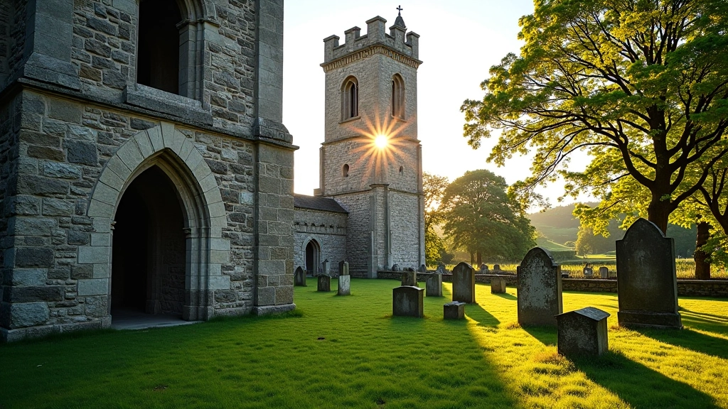 Stone tower remains from Norman castle, narrow windows visible, surrounded by old cemetery and trees, afternoon light casting shadows