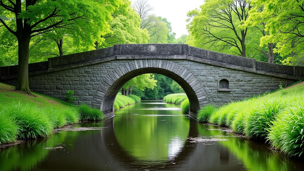 Historic stone bridge spanning river with ancient masonry work visible, lush green vegetation on banks, overcast Irish sky
