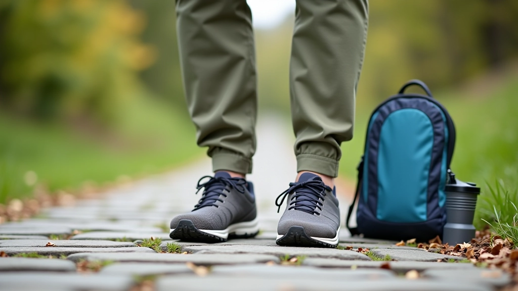 Comfortable hiking boots on stone pathway, walking poles leaning nearby, backpack and water bottle visible, outdoor natural lighting