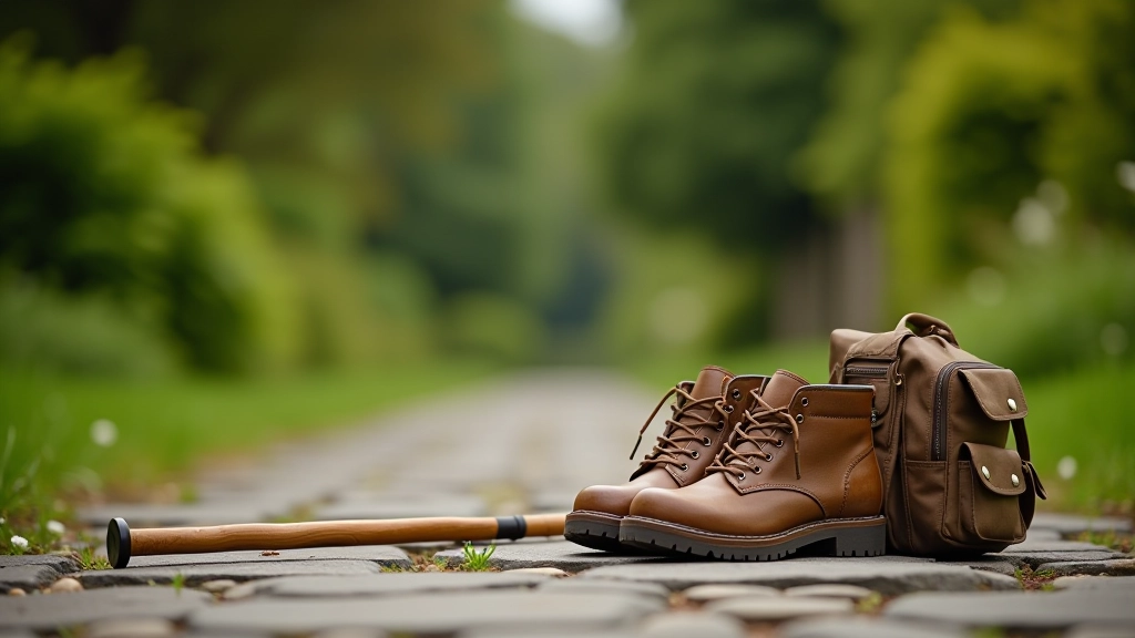 Comfortable walking shoes on stone pathway with walking stick, small backpack nearby, peaceful garden setting