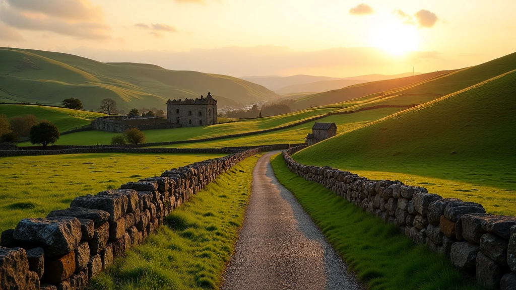 Peaceful Irish countryside landscape with historic stone structures and green rolling hills at golden hour