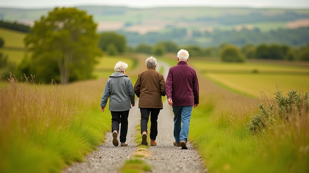 Group of mature adults walking on countryside pathway