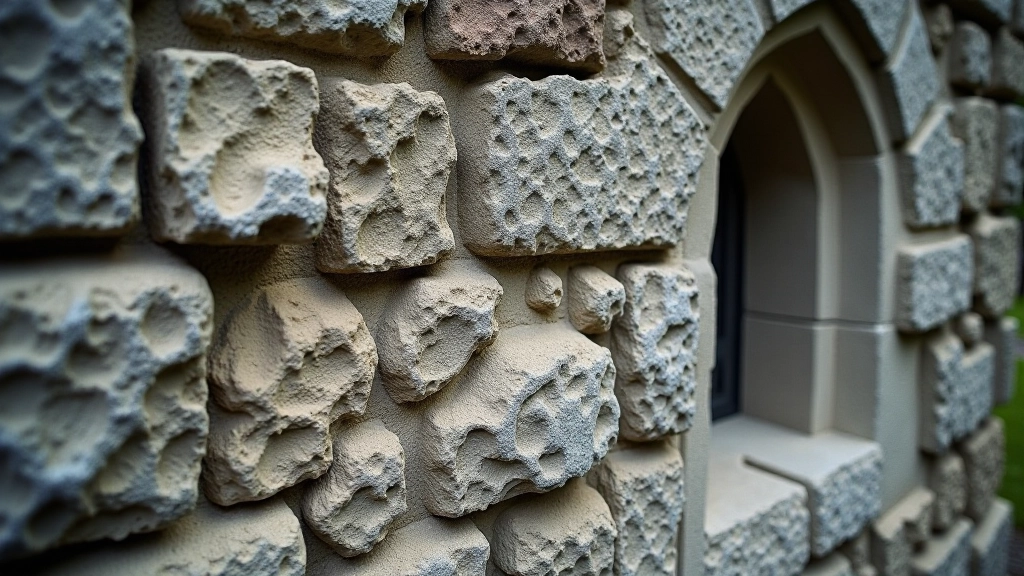 Close-up of weathered stone cathedral wall with historical texture and detail