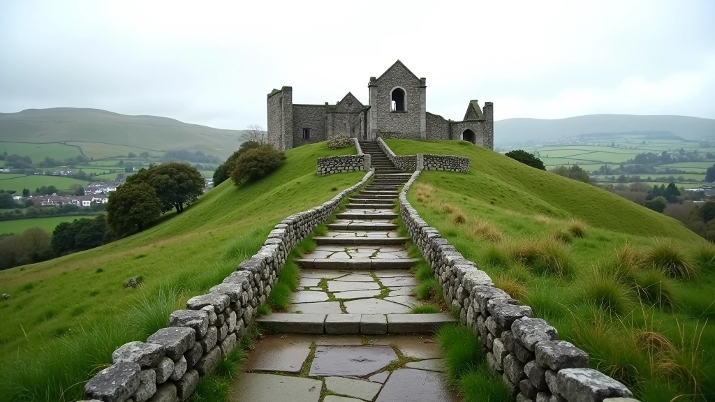 Stone pathway leading up to historic cathedral ruins on hilltop, green fields surrounding, cloudy Irish sky
