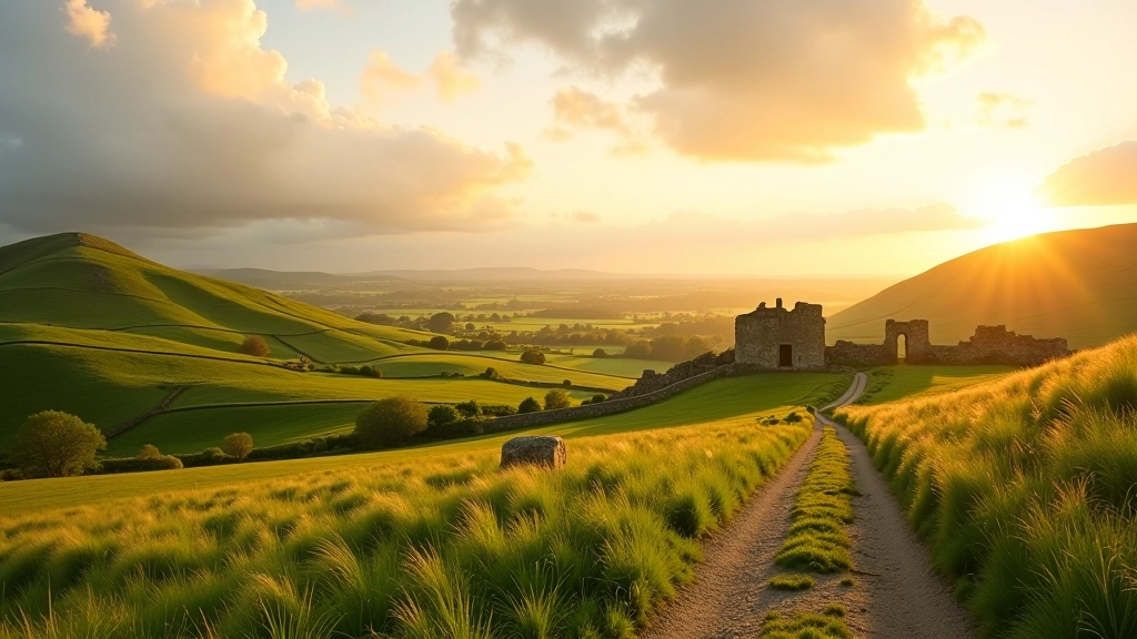 Scenic view of Tipperary countryside at golden hour, stone ruins visible on hillside, green fields, dramatic cloudy sky