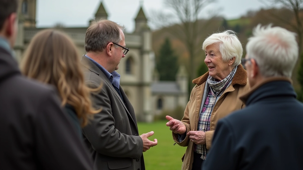 Guide explaining cathedral town heritage details to retiree walkers at historic site