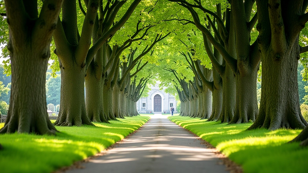 Historic pathway lined with mature trees leading to distant cathedral spire