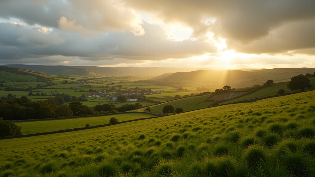 Wide vista of green Irish countryside rolling away from hilltop, small villages visible in distance, dramatic cloudy sky overhead, golden hour lighting