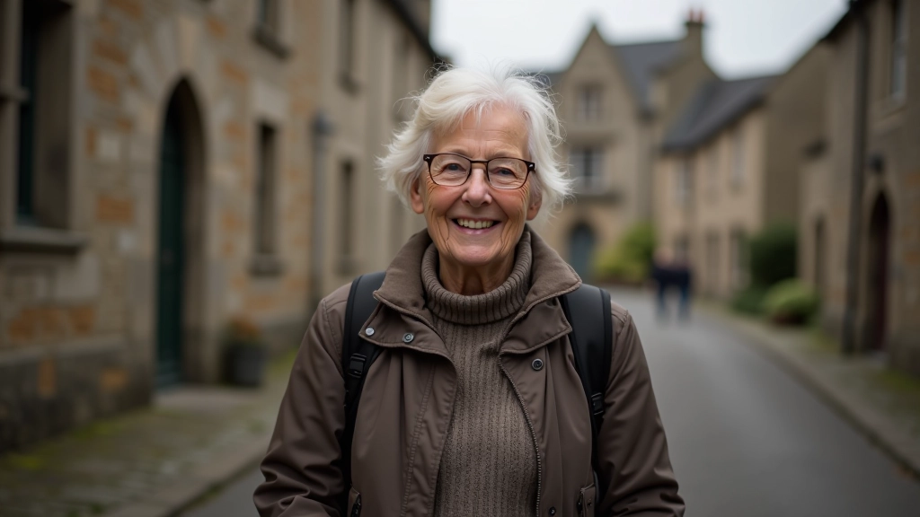 Elderly woman walking on peaceful stone pathway surrounded by historic architecture and green gardens